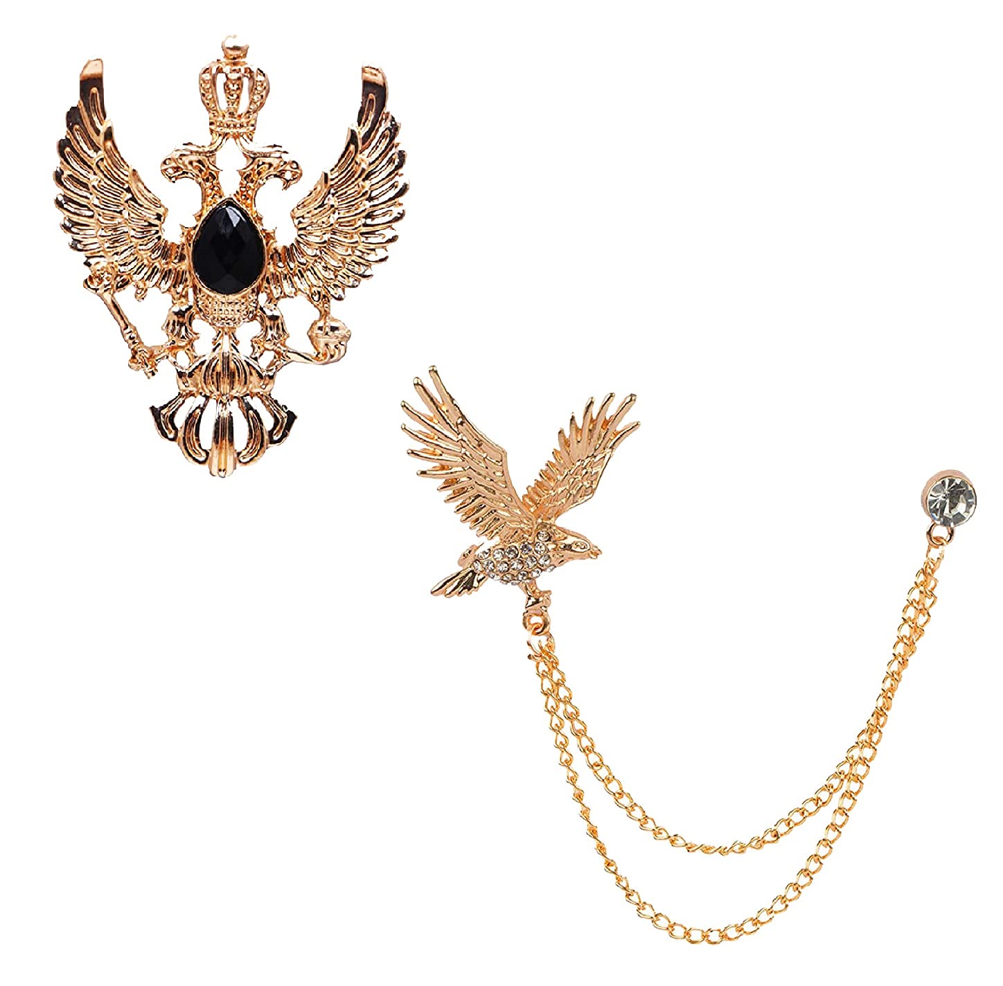 Aarohi10Aarohi Jewells Combo of Vintage Double-headed Gold Plated Black Crystal Eagle Retro Wings Crown & Classic Crystal Gold Plated Flying Eagle Brooch Pin for Men & Boys ACM-095
