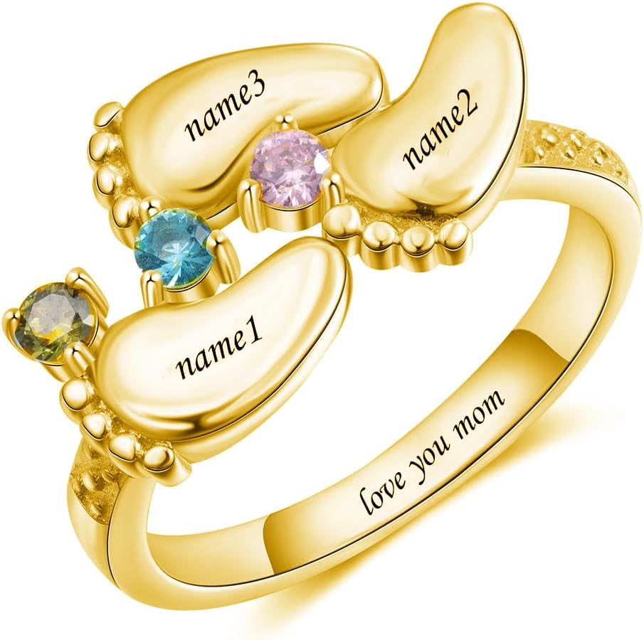 10k 14k 18k Solid Gold Mom Ring Personalized 1-8 Name Rings with CZ Birthstone,Real Gold Custom Family Name Ring Jewelry Gift for Women Wife Mom Grandma Girls