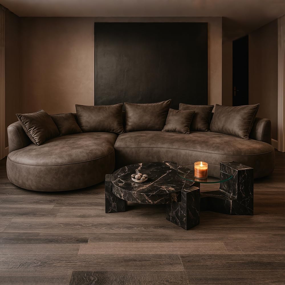 128.74" Modern Curved Sectional Sofa with Chaise, Upholstery Tech Leather Sofa with Pillows,Sectional Couch for Living Room, (Brown,Left Hand Facing)