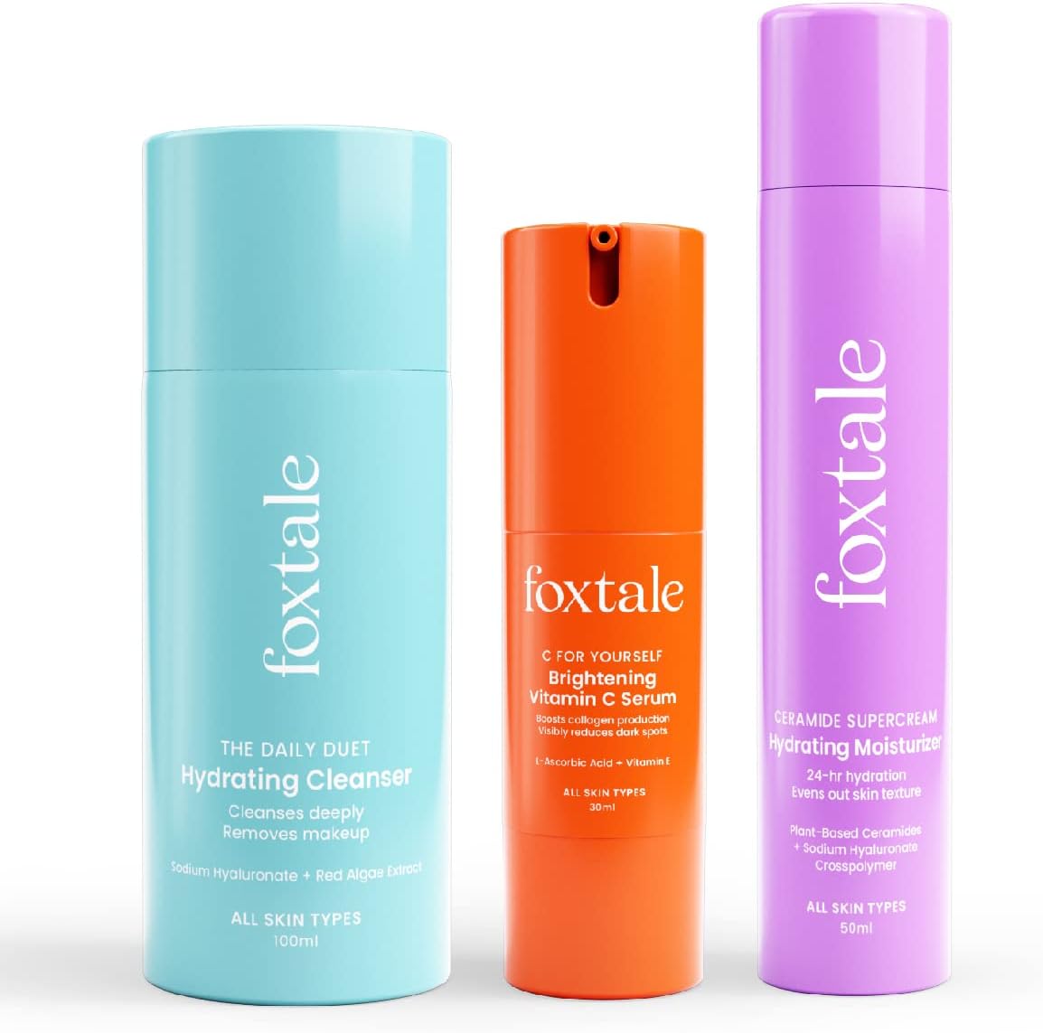Foxtale Hydraglow Trio Skin Care Kit | Cleanser Face Wash 100ml + Ceramide Moisturizer 50ml + Vitamin C Face Serum 30ml