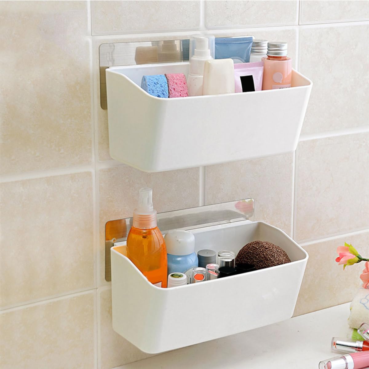 Mensola Portaoggetti da Parete Bianca Ventosa per Bagno e Cucina, Plastica Resistente Fondo Traforato e Due Ganci Regolabili