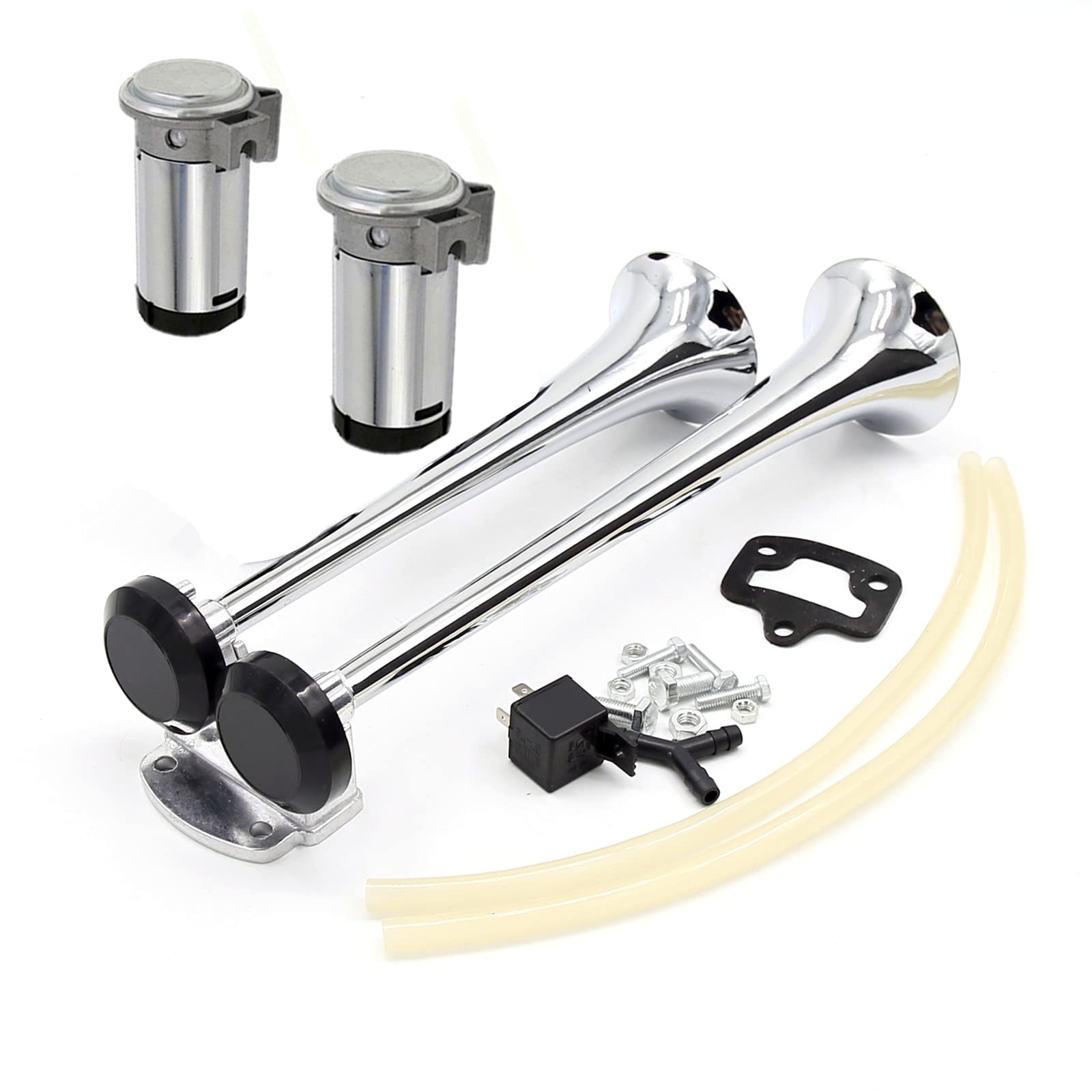 Clacson per auto Tromba ad aria Argento 165DB Horn Tromba per camion Tromba tono alto e tono basso Tromba a doppio tubo Zinco cromato Due pompe d'aria Altoparlante per 12V barca yacht RV ecc
