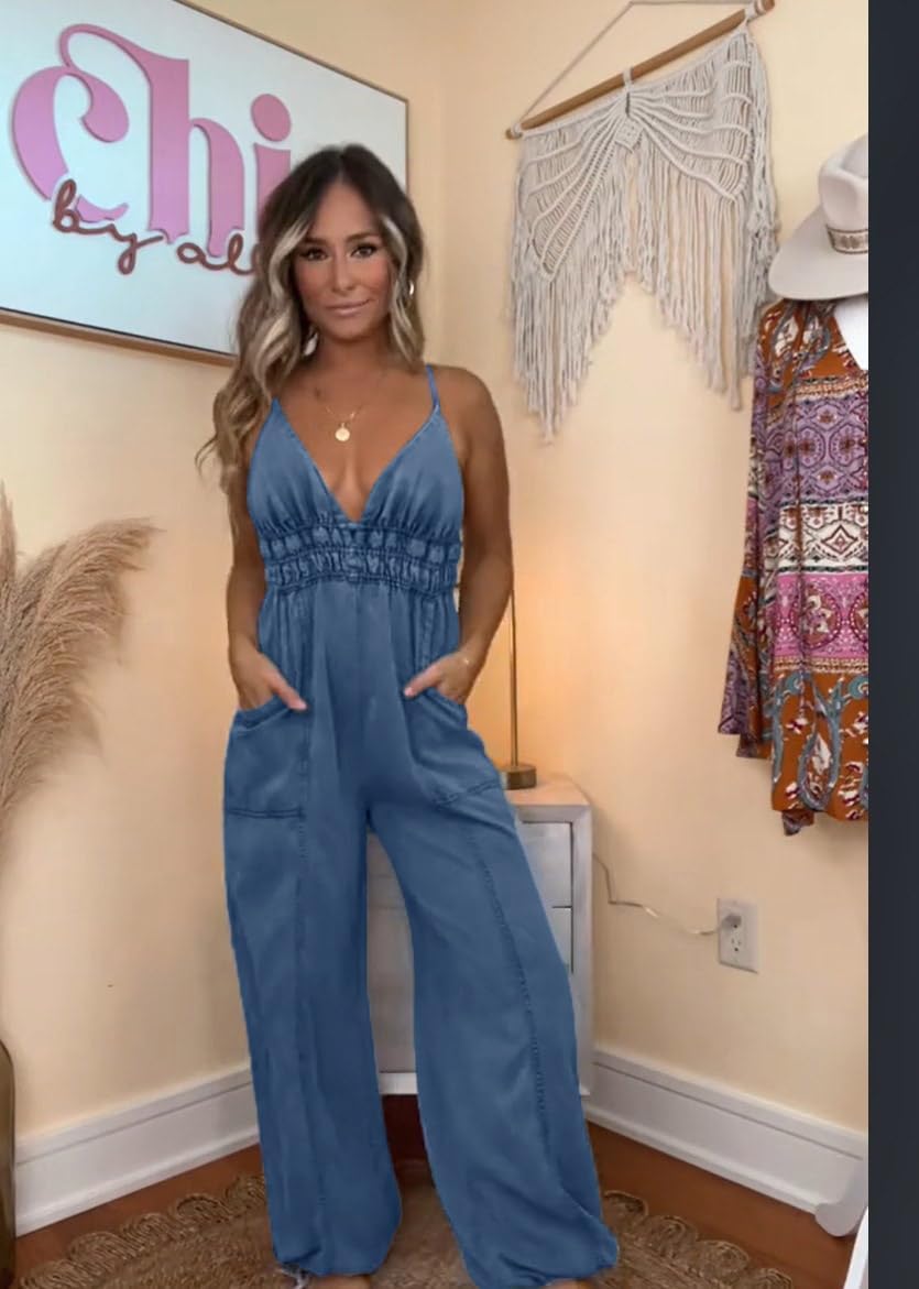 utcoco Womens Smocked Elastic Waist Denim Jumpsuit Sleeveless Adjustable Straps Wide Leg Jeans Overall Jumpsuits