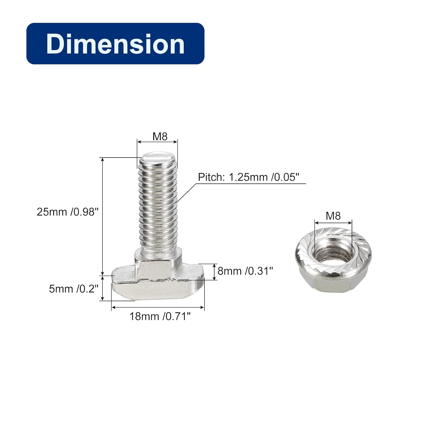 uxcell M8x25mm T Slot Drop-in Bolt and M8 Hexagon Flange Nut Set, 40 Sets Hammer Head T-Bolt T Shape Stud Sliding Screw for 40 Series Aluminum Profile