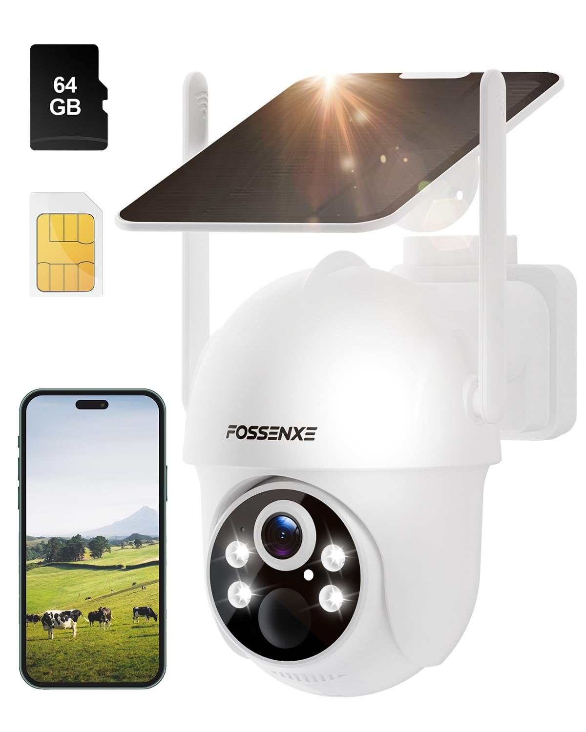 FOSSENXE 4G LTE Cámara Vigilancia Exterior con SIM, 2K HD 4MP Camara Solar 4G sin Cable con Batería, PTZ 355°& 90°, Visión Nocturna, Seguimiento Automático, Almacenamiento Local, IP66