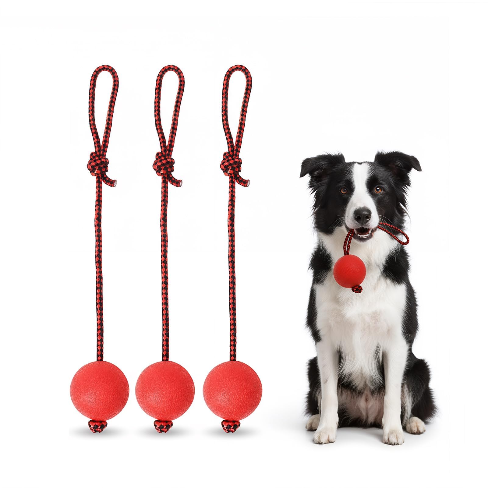AUFIKR 3-Pack Dog Ball on Rope, Durable Tug Toys for Dogs, Bouncy Rubber Chew Toy with Rope, Interactive Ball on Rope Dog Toy for Small Dogs (Small)