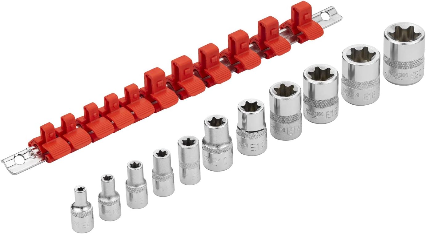 Jetech 11PCS 1/4 Inch and 3/8 Inch Drive Female E Torx Star Socket Set, Made with Forged, Heat-Treated Cr-V Steel, Set Includes 1/4-Inch Drive E4-E8 and 3/8-Inch Drive E10-E20 with Steel Holder Rail