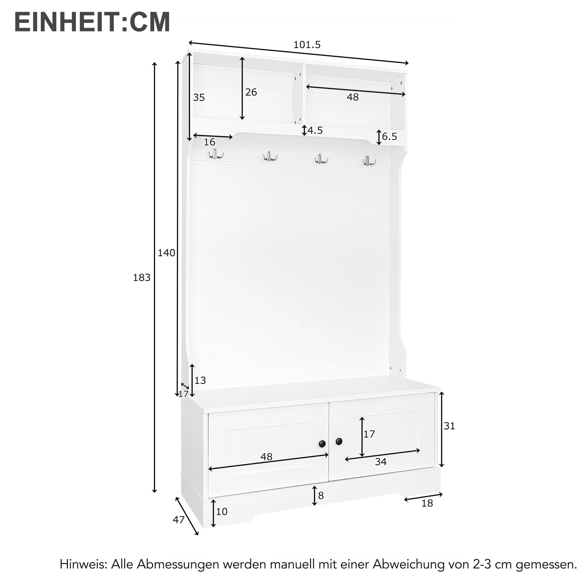 Merax Flurgarderobe, Garderobenschrank Flur, Garderobe mit Sitzbank, Weißer Eingangsschrank mit Stauraum an der Unterseite des Sitzes, 101 x 183 x 47 cm (B/H/T), Weiß