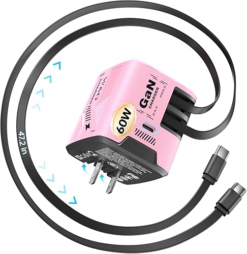 W & O Fast Charger for iPhone17/16/15,60W gan Charger,Retractable Phone Charger Wall Plug with Lightening and Type-C Cables for iPhone, Galaxy S25/24,Android and More (Pink)
