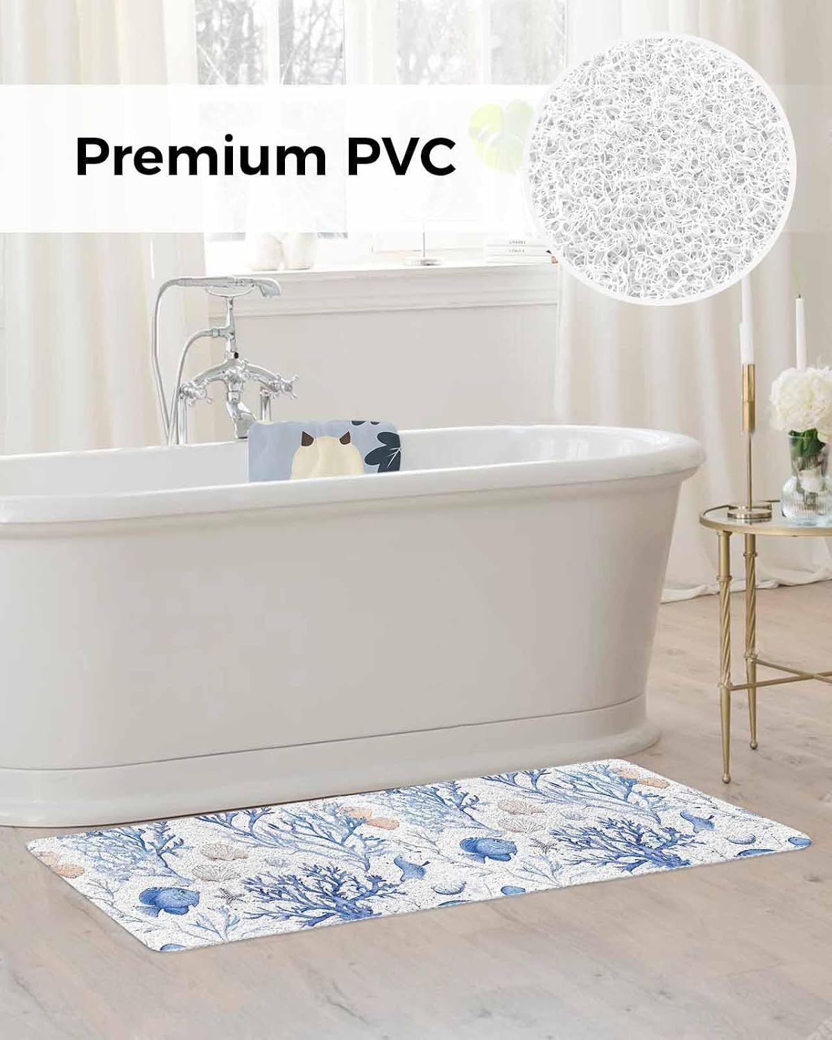 Summer Watercolor Non-Slip Bathtub Mat, Blue Coral Fish Seashell Nautical Ocean PVC Bath Mat for Tub Quick Drying Shower Mats for Inside Shower, Foot Scrubber Loofah Bathroom Mats 47x16 Inches