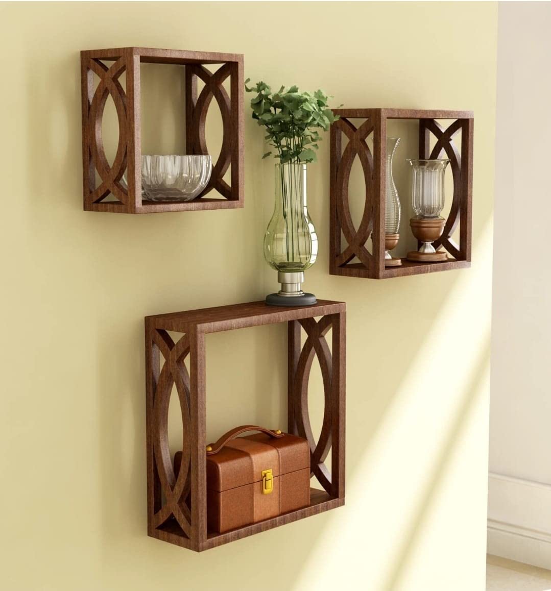 Bharat Art Store MDF Wall Mounted Floating Shelves | Open Cube Hanging Shelf with Hidden Brackets | Perfect Shelving Unit for Bedrooms, Offices, Living Rooms & Kitchens (Set of 3, Brown)