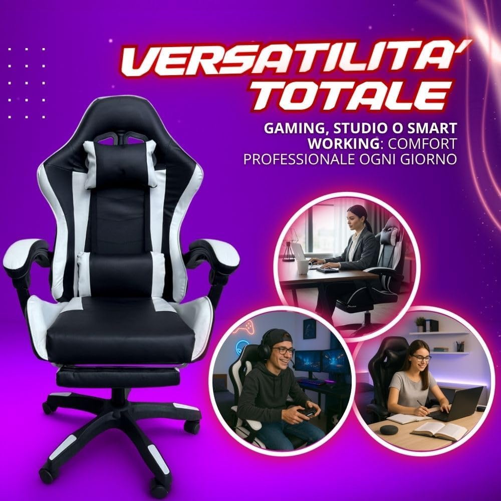 Sedia da Gaming Ergonomica Reclinabile fino a 135° con Poggiapiedi Cuscino Supporto Lombare e Poggiatesta con Rotelle Rotazione a 360°, Pistone a Gas Poltrona da Ufficio Portata 125kg (Bianco)
