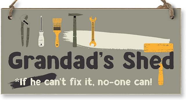 The Plum Penguin Handmade Wooden Hanging Wall Plaque Grandad's Shed If He Can't Fix It No One Can Funny Novelty Sign Shed Man Cave