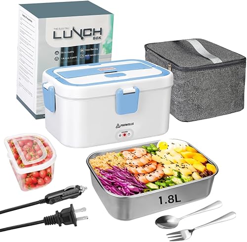 PHIWILLS Lonchera eléctrica de 80 W, contenedor de 1.8 L, calentador de alimentos, 12 V24 V110 V, lonchera autocalentable para cochecamióntrabajo