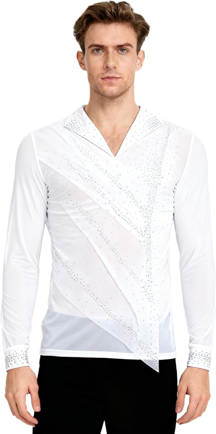 Men's Sheer Mesh Figure Skating Shirts V Neck Long Sleeve Ballet Latin Dance Tops Disco Party Wear