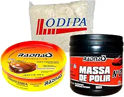 Kit Polimento Automotivo Massa De Polir N°2 500g Tira Risco + Cera Protetora Tradicional 200g RADNAQ + Estopa Odipa