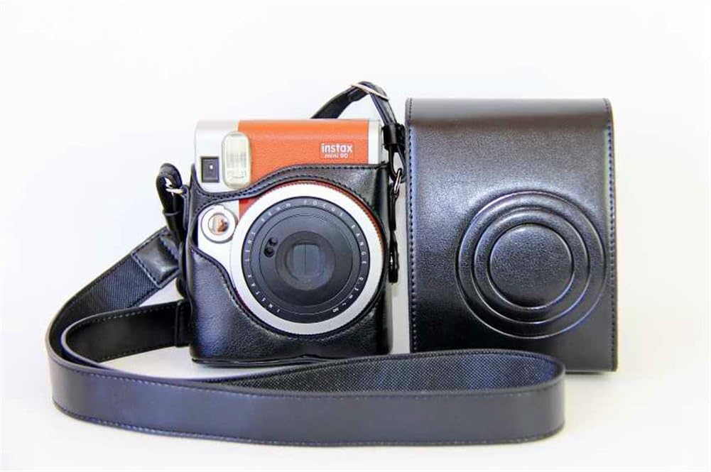 Fuji Mini 90 case, BolinUS Handmade PU Leather FullBody Camera Case Bag Cover for Fujifilm Instax Mini 90 with Neck Strap Battery Bag -Black