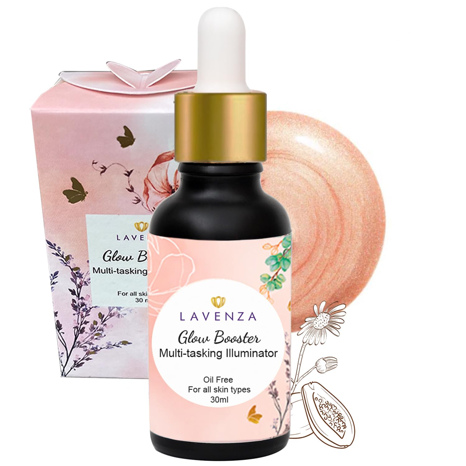 Lavenza Glow Booster – Natural Illuminating Face Serum & Glow Highlighter | With Organic Floral Water, Marula & Vitamin B5 | Silicone-Free, Oil-Free, Dewy radiance | Makeup with Skincare | 30ml