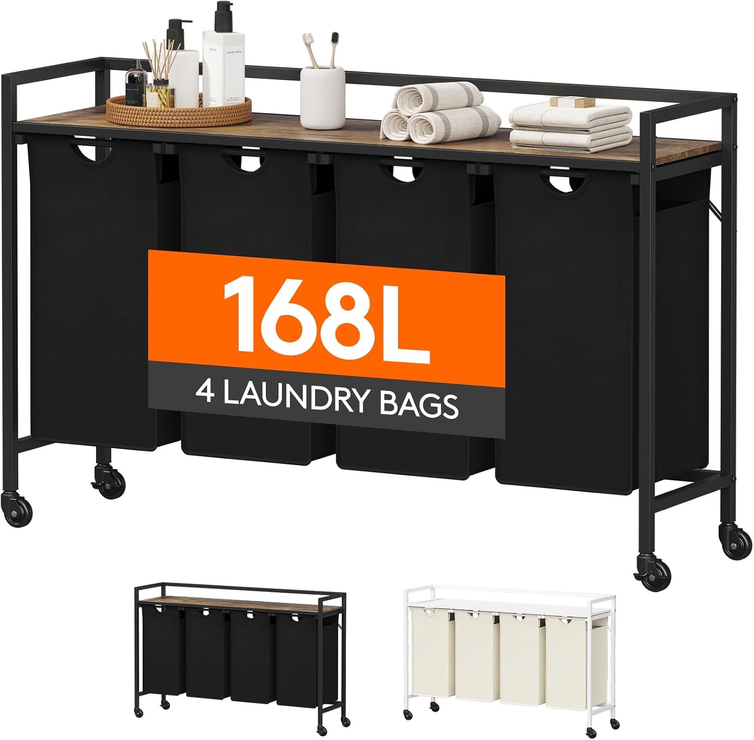 Lifewit Laundry Hamper 4 Section, 168L Pull out Laundry Clothes Basket Organizer with Large Top Shelf and 4 Removable Bags and Handles for Laundry Room Bedroom Bathroom, Black with Wheels