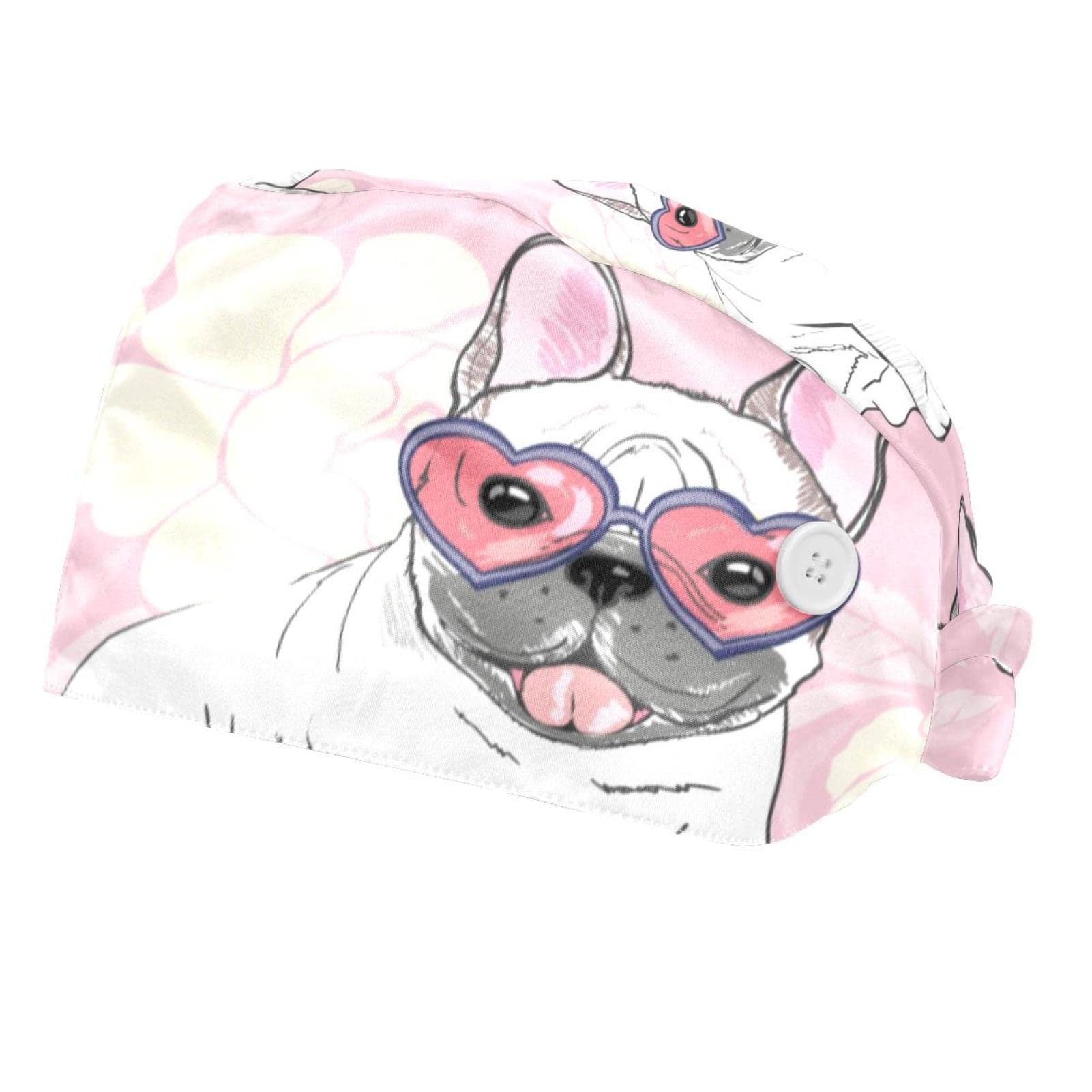2-Pack Adjustable French Bulldog Print Surgical Caps With Button & Sweatband - Unisex Working Hats For Chef, Nurse, Beauty