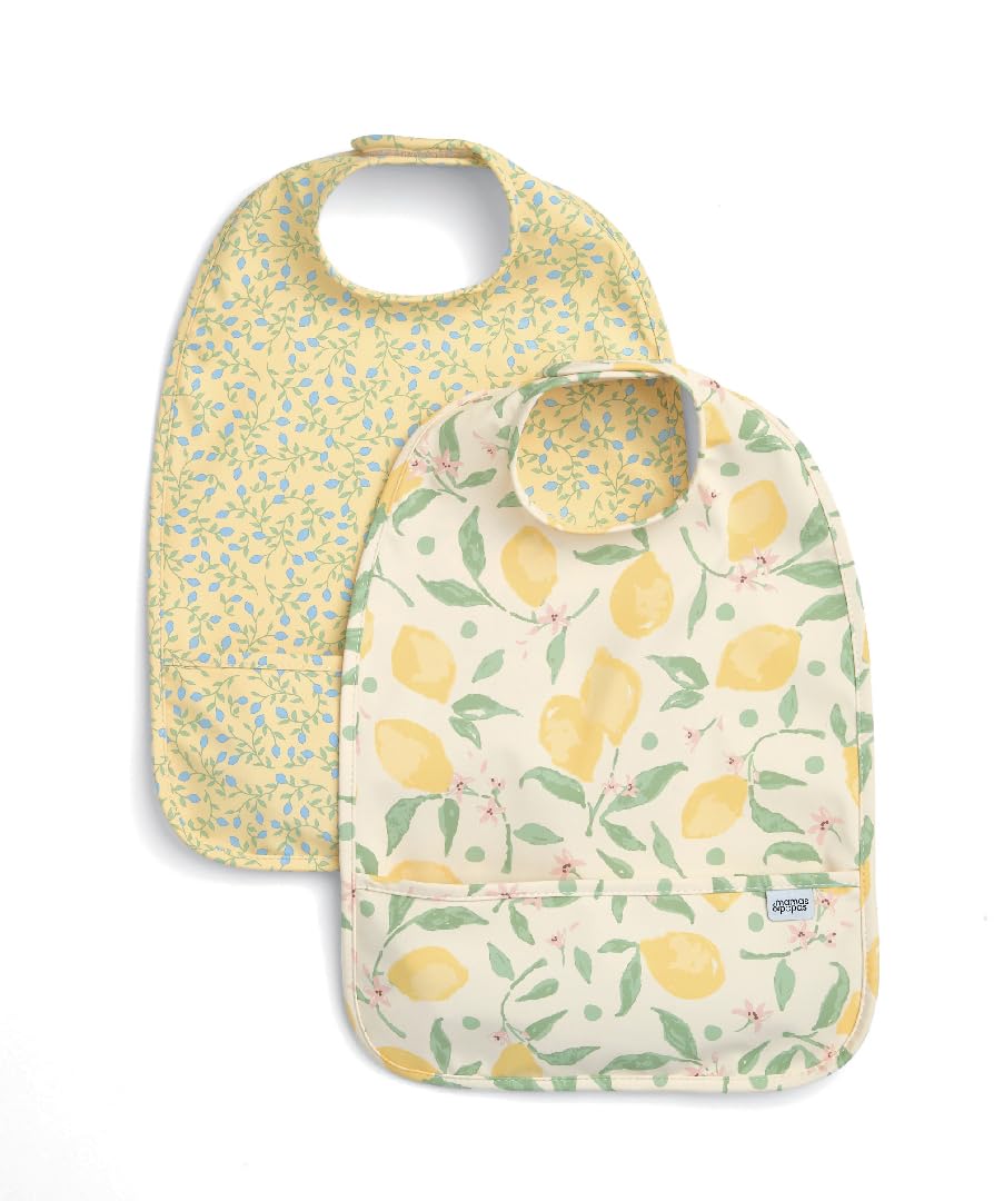 Mamas & Papas Baby Bib, 2 Pack of Scoop Bibs, Lemon Meadow