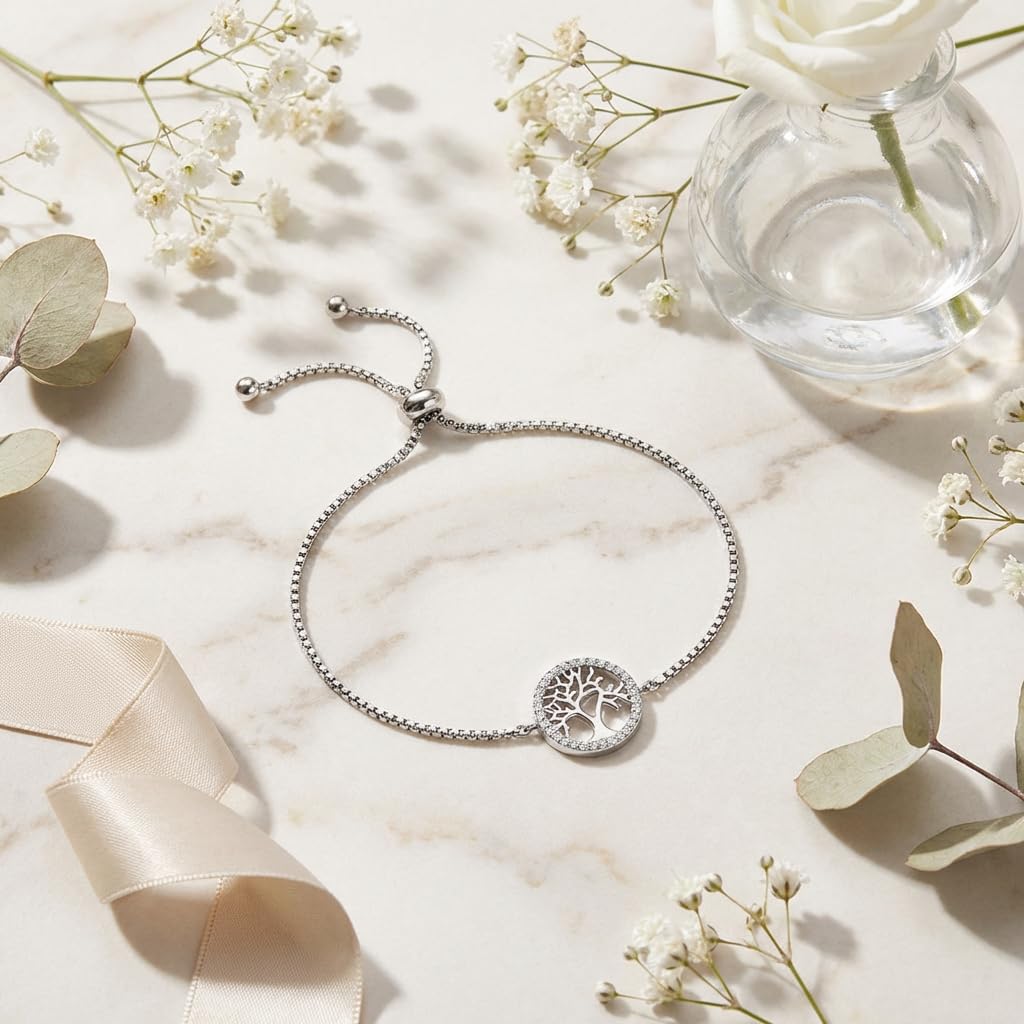 Engelsrufer Damen Armband aus Sterling Silber und Lebensbaum Anhänger silber - besetzt mit 22 weißen Zirkonia - verstellbarer Schiebeverschluss - nickelfrei
