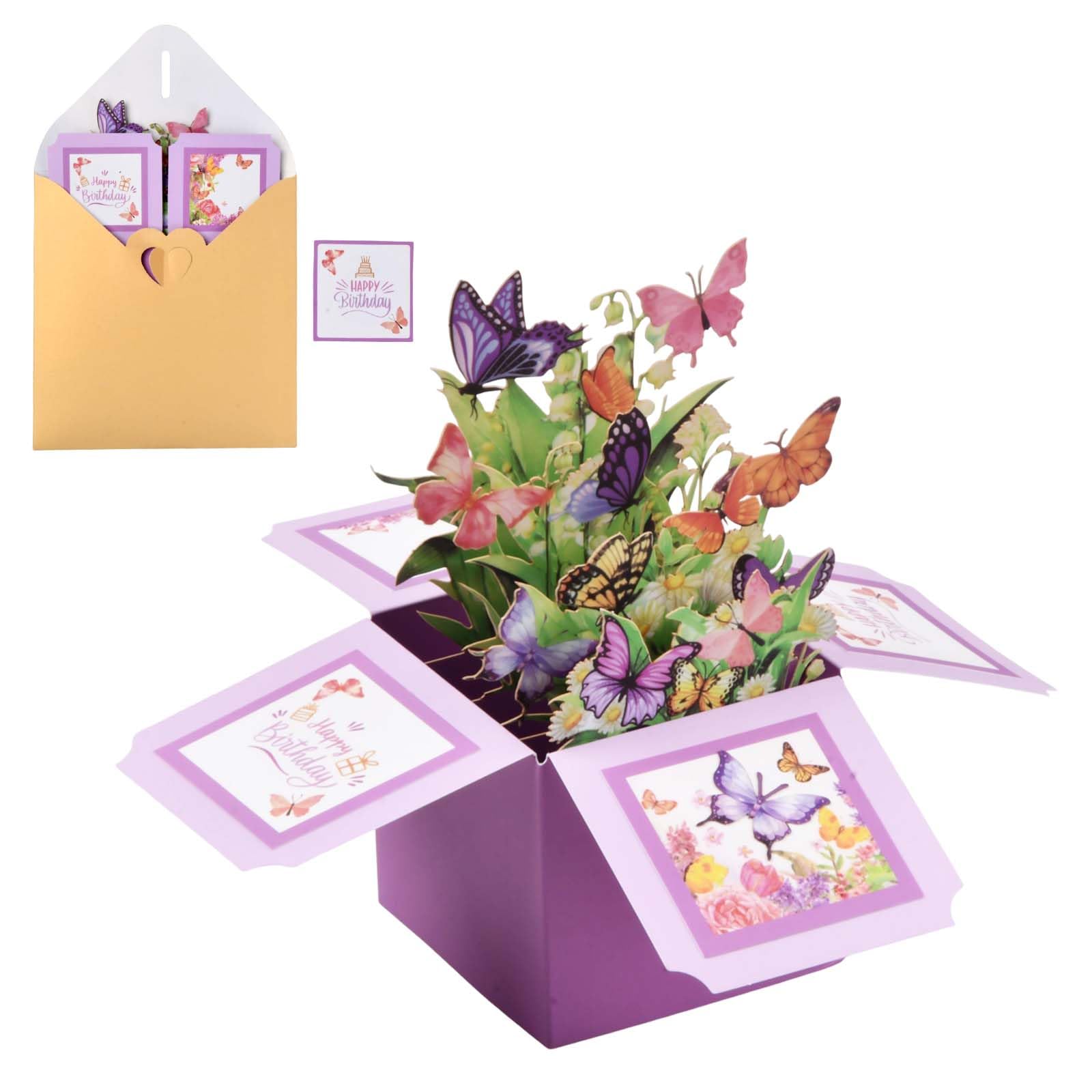 Merzio Pop Up Birthday Cards for Women, 3D Butterfly Greeting Card Box, Purple Happy Birthday Card for Mum Wife Sister Daughter Friend, Pop up Anniversary Festival Gift with Envelope (Paper)