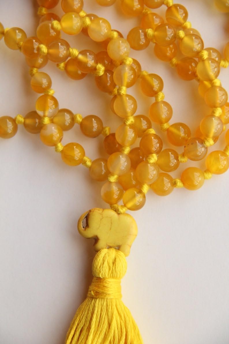 Cuentas de mala de piedra de citrino amarillo, collar de 108 mala, nudo mala, collar WWG, joyería de yoga, cuentas de meditación, joyería espiritual, joyería bohemia