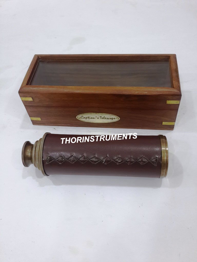 Vintage Nautical Antique Brown Leather Telescope Nautical Captain Spyglass Wooden Box. Rustic Vintage Home Decor Gifts