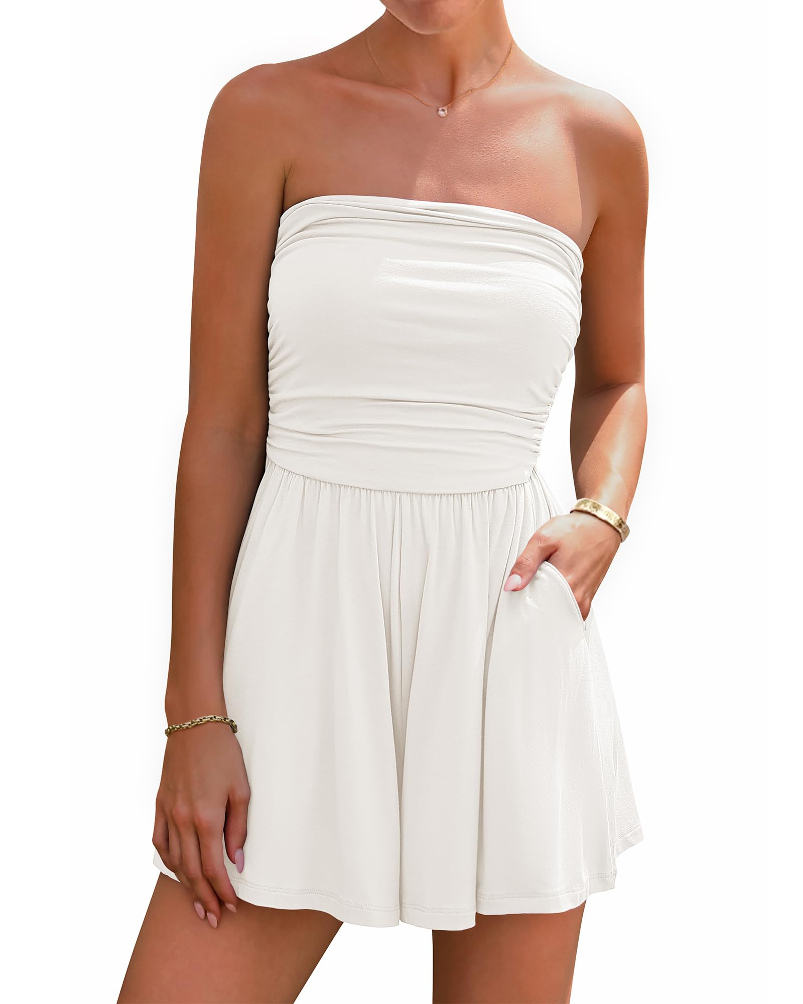 BTFBM Womens Romper 2026 Spring Summer Strapless Tube Tops Beach Vacation Clothes Boho Loose Shorts Jumpsuits Pockets