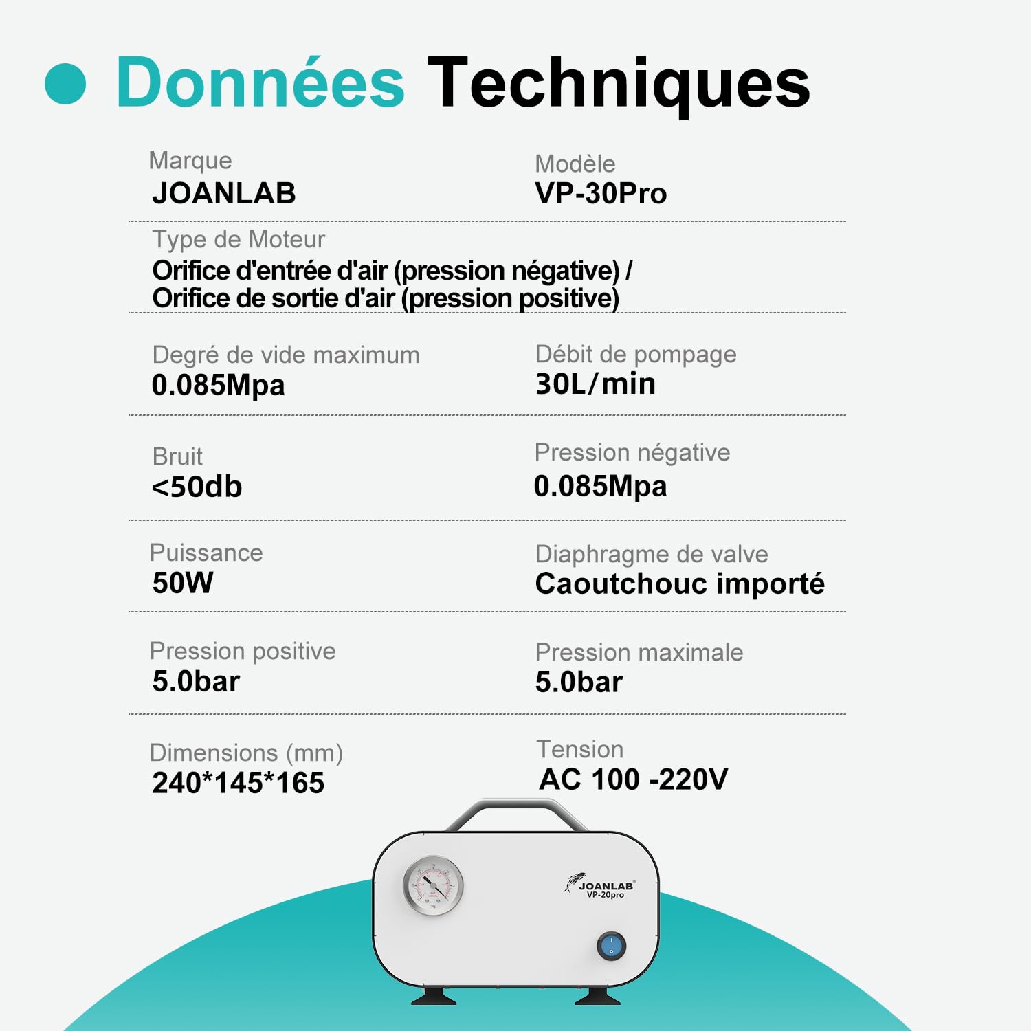 JOANLAB Pompe à Vide Sans Huile 30L/min avec Régulation Pression, Double Fonction Vide & Pression Positive, 0.085MPa Pompe à Vide à Membrane pour Filtration, Recherche, Industrie(VP-30PRO)