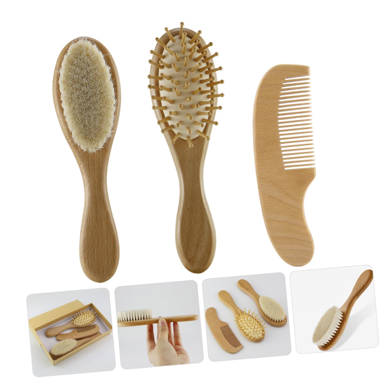 Cepillo y Peine De Lana Para Adecuado Para Recién Nacido Cuidado Del Cabello Diseño Ergonómico Para Viaje