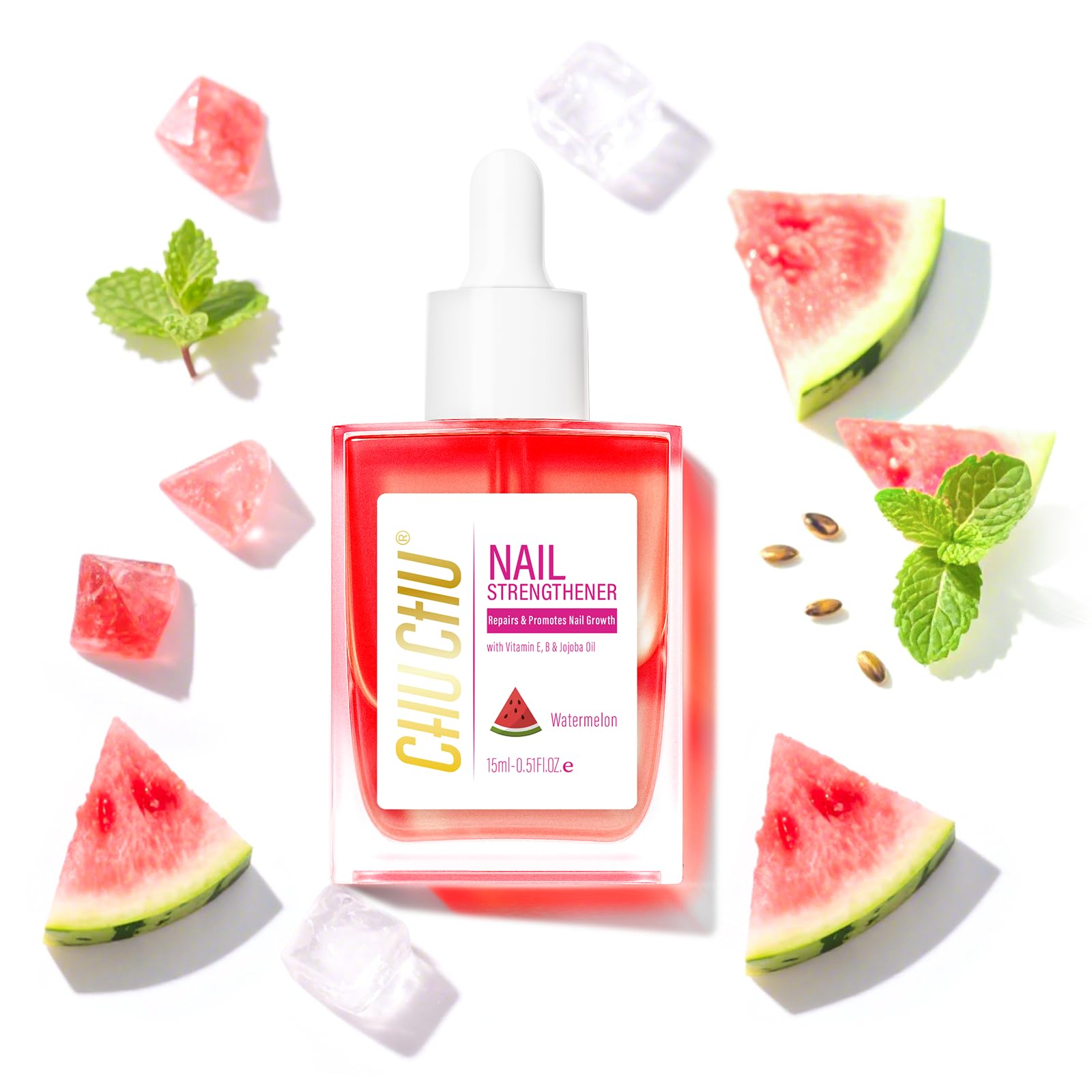 CHUCHU Nail Cuticle Oil Strengthener - Watermelon Scent Repair Growth Moisturizing Treatment - Natural Jojoba Vitamin B & E for Dry Cracked Nails