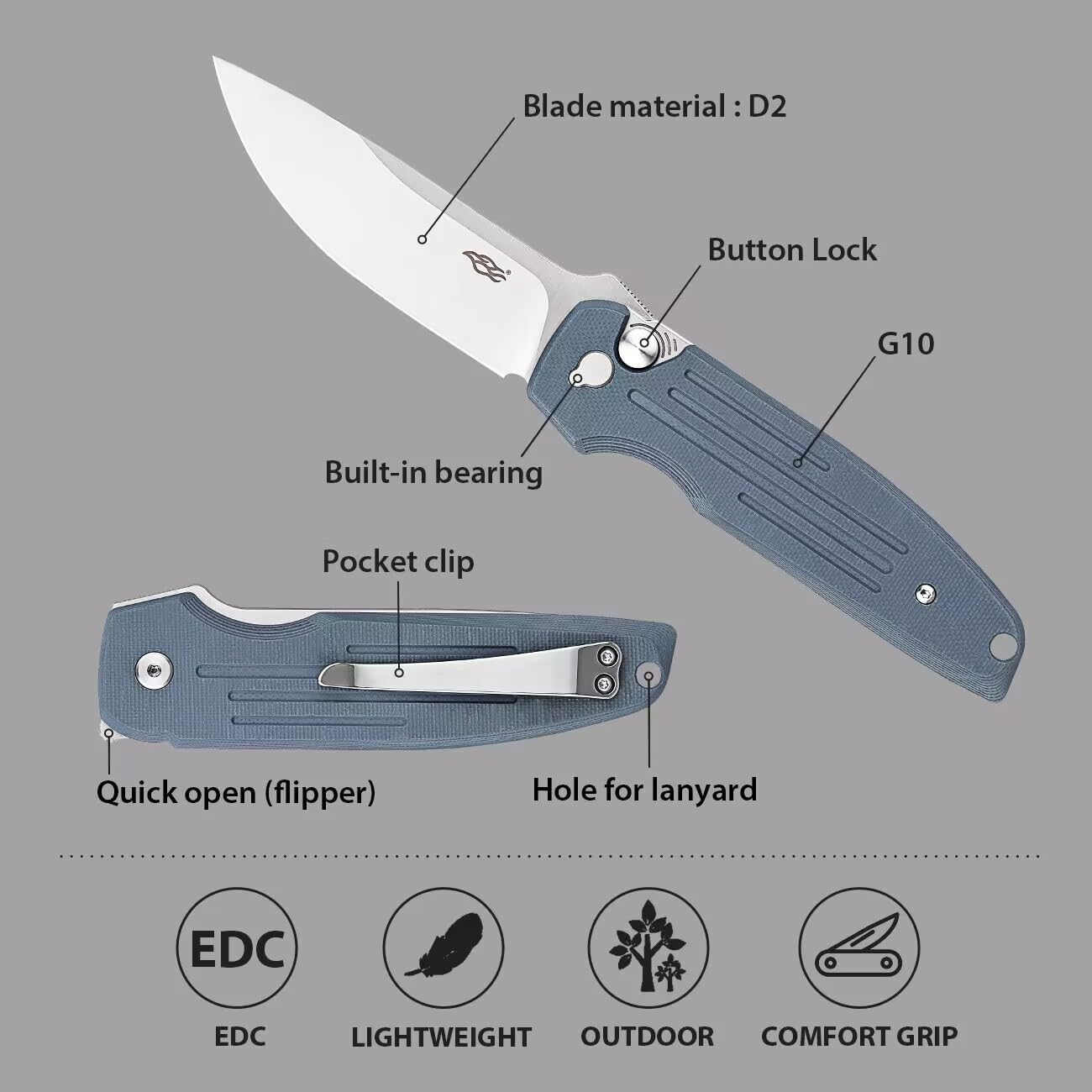 Firebird GANZO FH926-PL Sturdy Pocket Folding Knife Button Lock D2 Steel Blade G10 Anti-Slip Handle with Clip Camping Outdoor EDC Utility Knife Best Gift for Men Women (Purple)