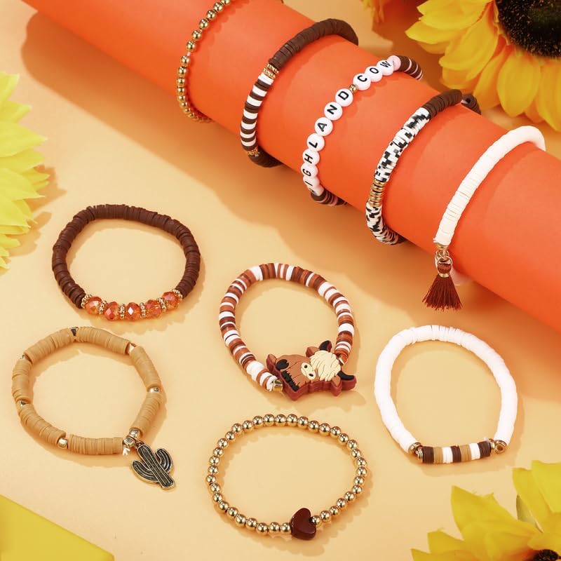 Leitee 10 Pcs Highland Cow Gifts for Women Heishi Surfer Bracelet Polymer Clay Stretch Bracelets Jewelry Party Favor Supplies - Image 7
