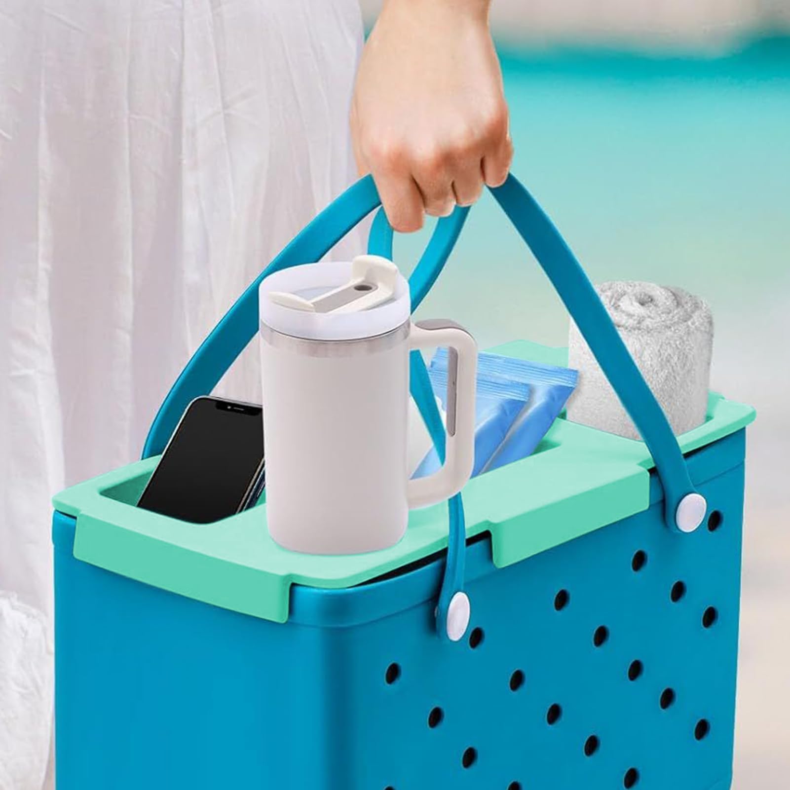 Bolsa de playa para bebidas y aperitivos, bandeja de EVA portátil para bebidas y aperitivos con soporte de teléfono de configuración rápida para uso en exteriores