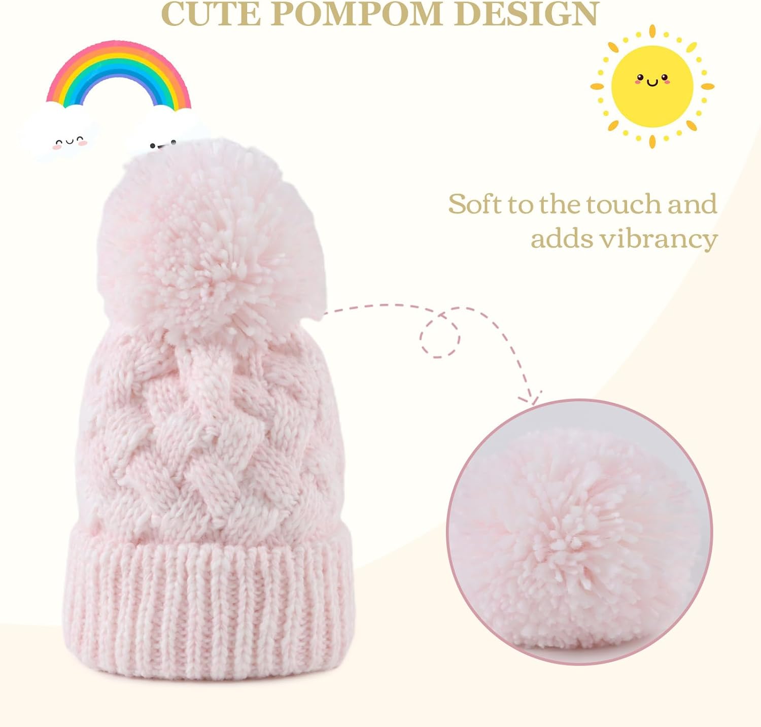 PESAAT Knit Toddler Girl Winter Hat Autumn Baby Boy Beanie Twist Infant Beanies Kids Hats with Pompom - Image 3