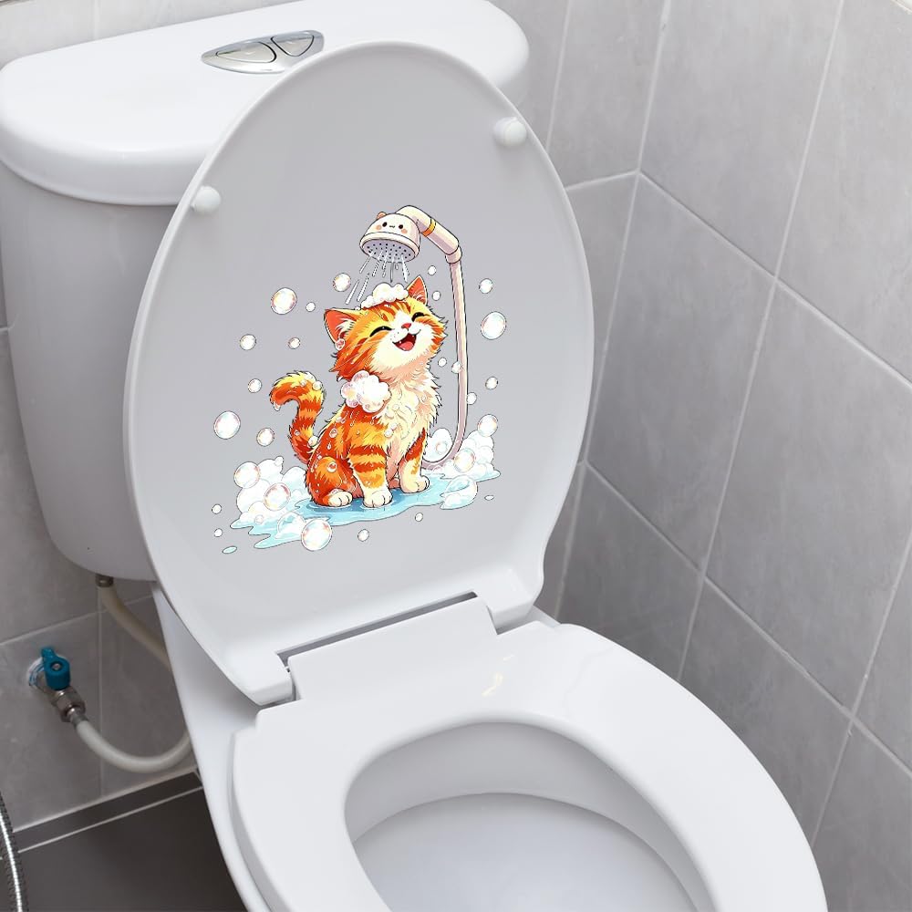 Cute Cartoon Animal Taking Shower Toilet Seat Sticker, Waterproof Bubble Bath Cat Dog Frog Decal, Funny Bathroom Toilet Lid Tank Decor (Ginger Cat)