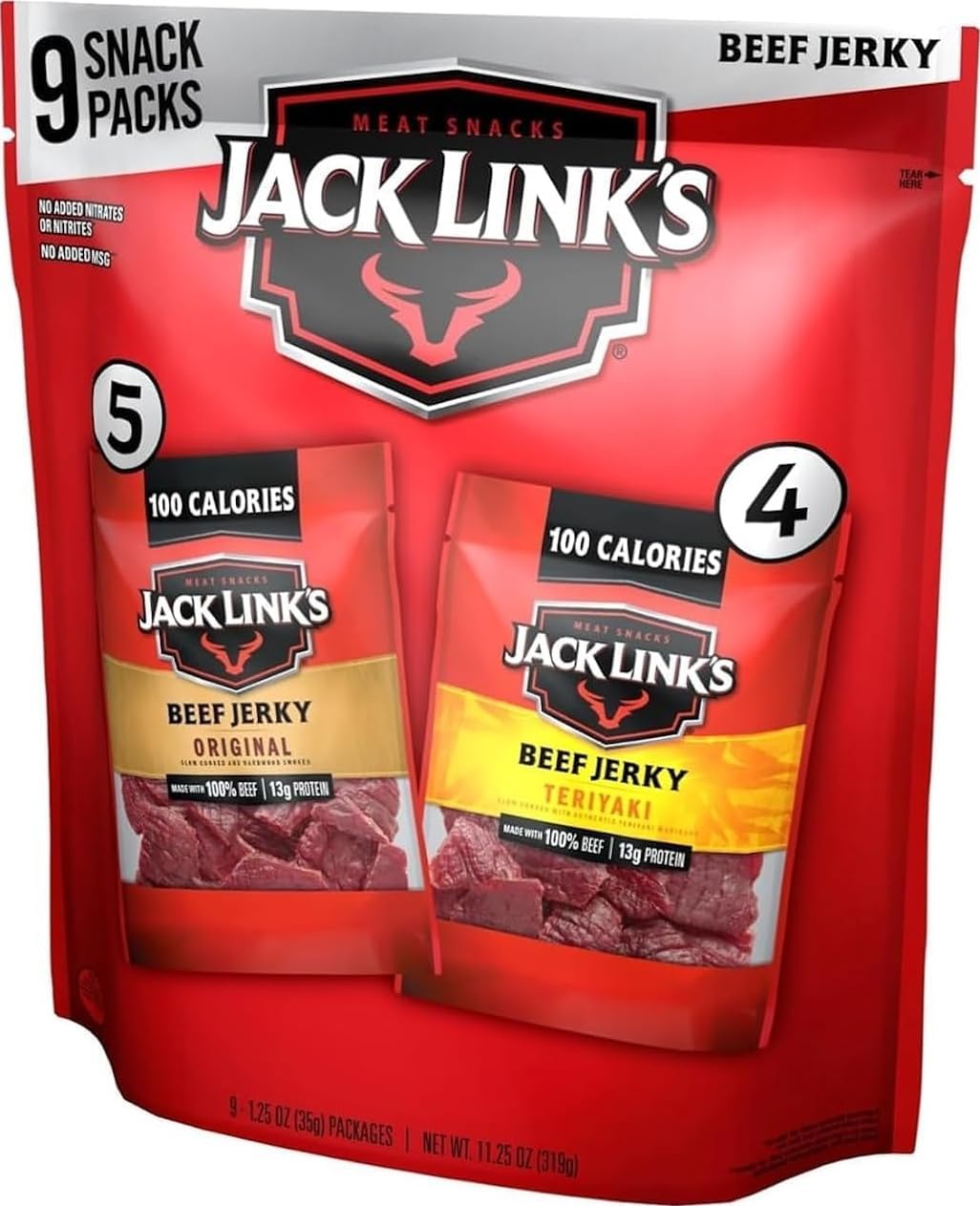 Jack Link's Beef Jerky Variety Pack - Original and Teriyaki - (9 Pack) 1.25 oz Bag - Ready to Eat Protein Snacks - 13g Protein per Serving - Made with 100% Real Beef | Bag - Ready to Eat Protein Snacks - 13g Protein per Serving - Made with 100% Real Beef