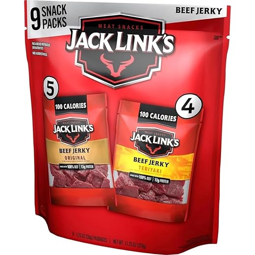 Jack Link's Beef Jerky Variety - Includes Original and Teriyaki Flavors, On the Go Snacks, 13g of Protein Per Serving, 9 Count of 1.25 Oz Bags