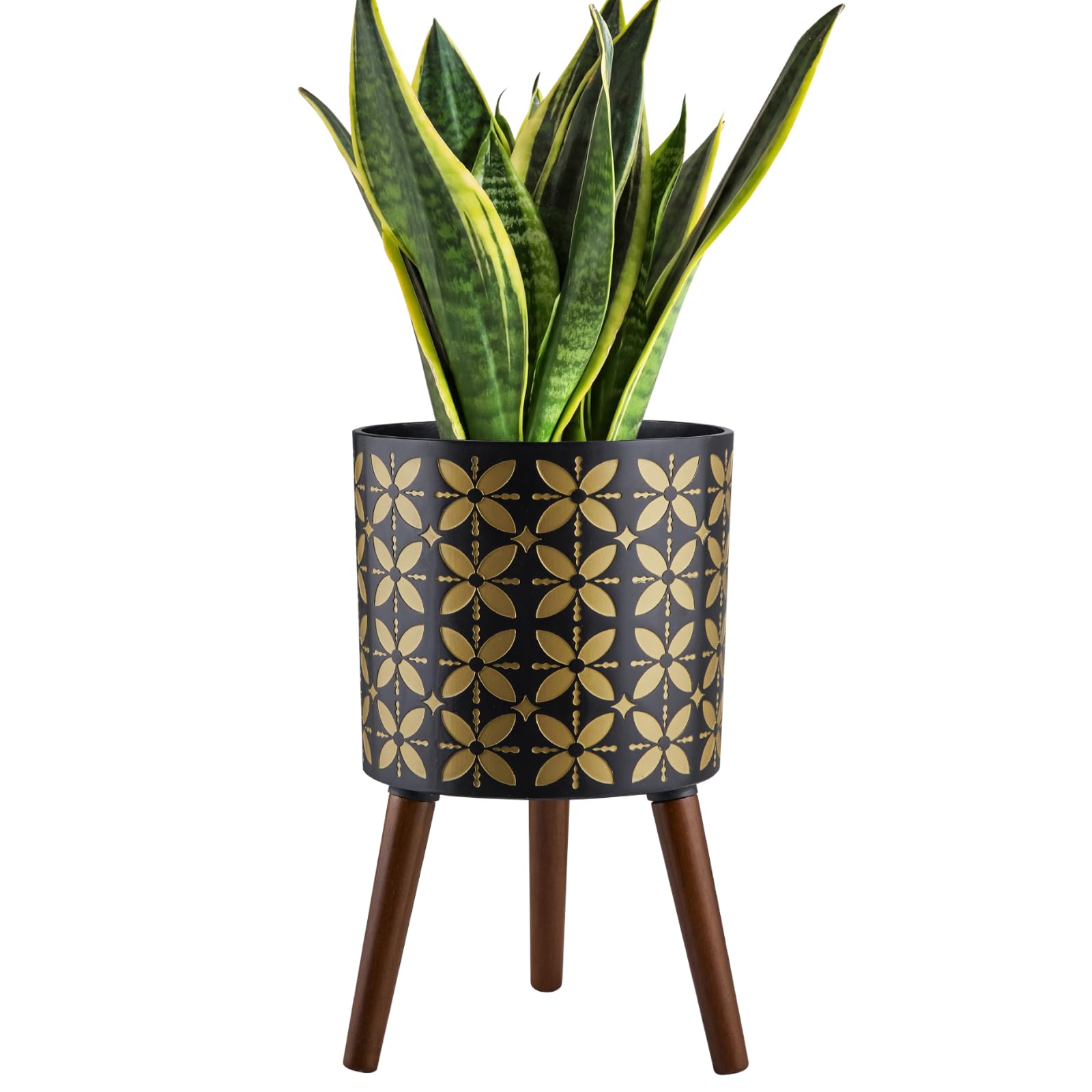 nacltlo 10 Inch Plant Pot with Stand, Planter for Indoor Plant Mid-Century with Drainage Holes for Outdoor,Black and Gold