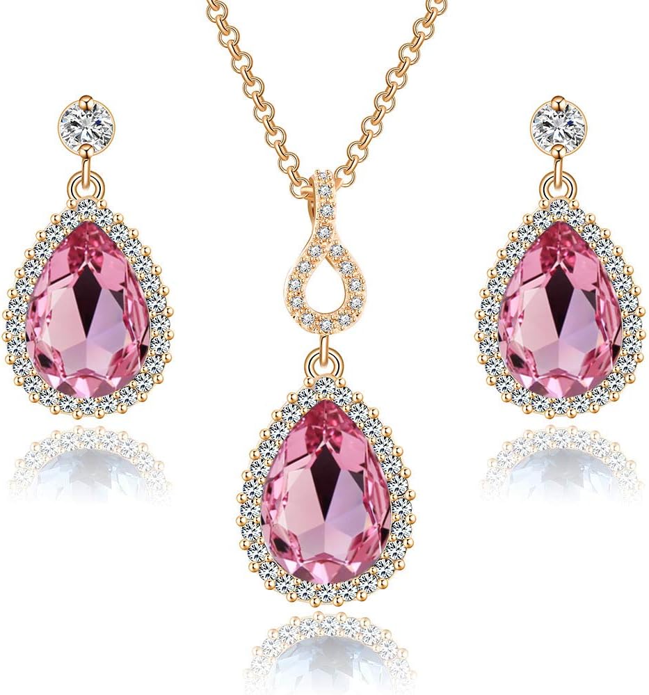 Austrian Crystals Teardrop Pendant Necklace Earrings for Women 14K Gold Plated Hypoallergenic Jewelry Set