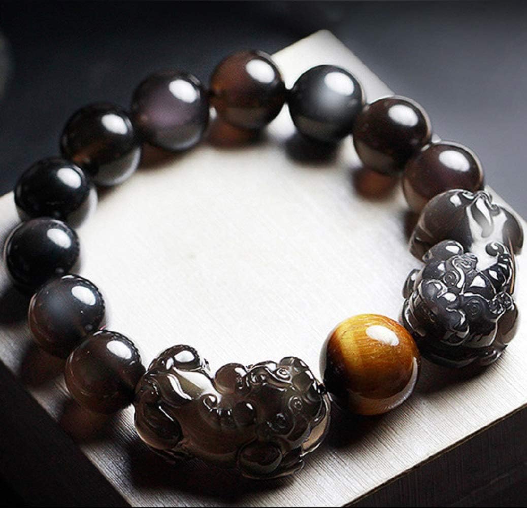 Feng Shui Wealth Double Pi Yao Natural Ice Obisidian Bracelet Tiger Eye Stone Chakra Balance Crystal Bangle Talisman Luxurious Vacation Meditation Jewelry Prosperity Money Luck Windfall