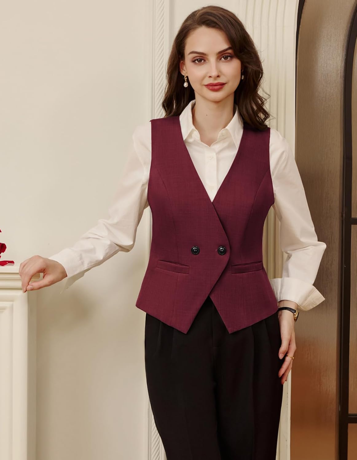 Belle Poque Sleeveless Vest Tops for Women 2026 Dressy Lightweight V Neck Button Suit Waistcoat Vests with Pockets - Image 2