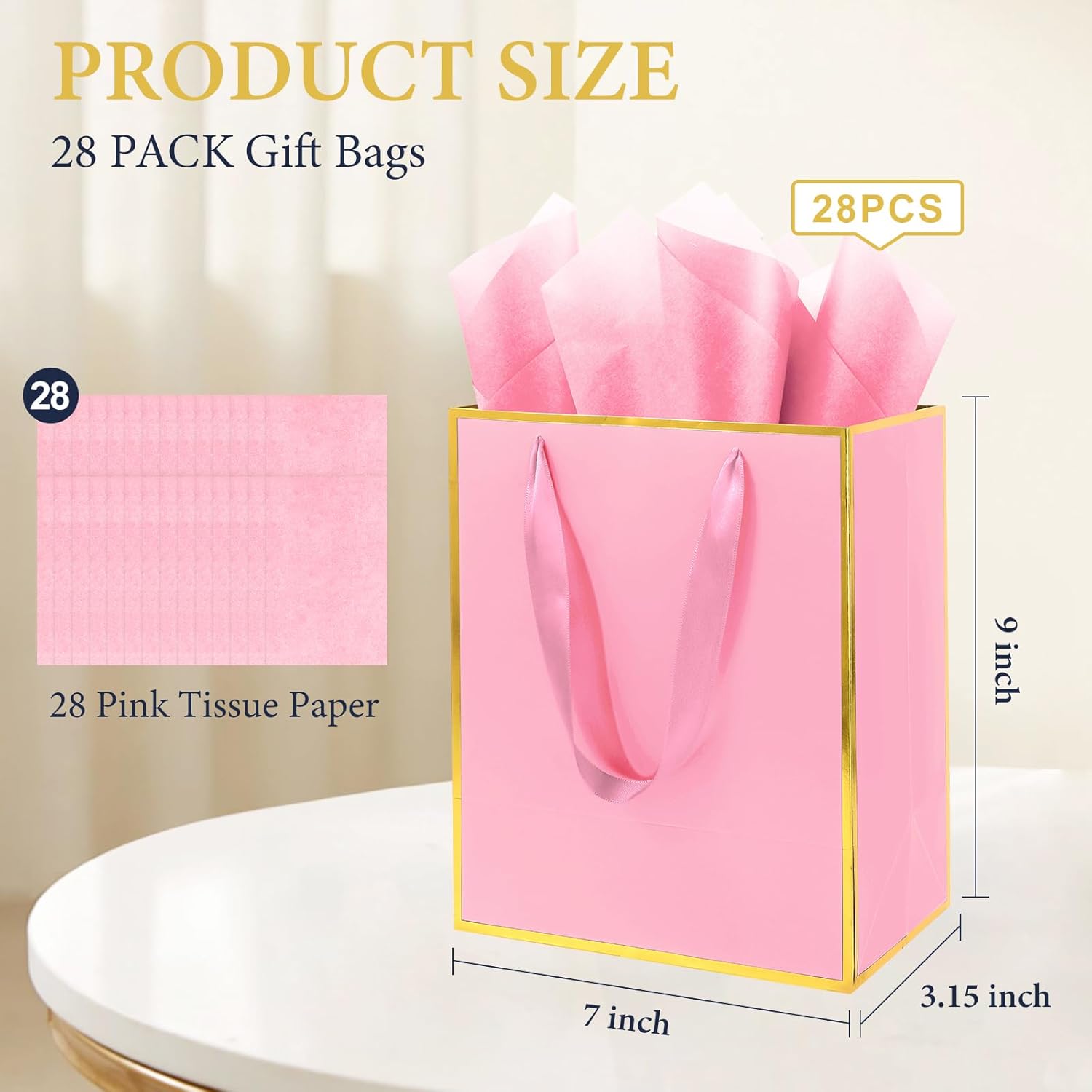 Addblu 28 Pack Bulk Luxury Gift Bags with Handles, Medium Size 9x7x3.15 Inches - Includes 28 Tissue Papers for Wedding, Birthday, Baby Shower, Easter, Mother's Day & Party Favors