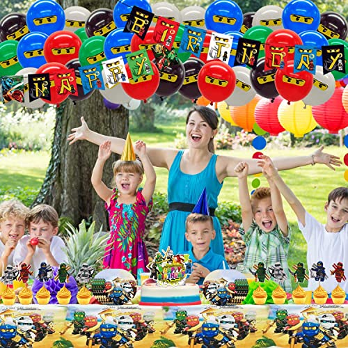 Ninja Birthday Party Supplies For 2-9Th Boys, Adventure Theme Cartoon Birthday Party Decorations Include Banner, Cake Topper, Cupcake Toppers, Plates, Tablecloth, Balloons, Ninja Birthday Party Decor For Kids #TOP2