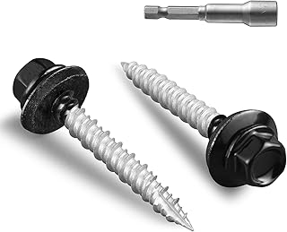 Metal Roofing Screws #10 × 1 1/2 Inch, 64pcs Black Ruspert Coating Hex Head Sheet Metal Roof Screws, Self Starting Metal to Wood Siding Screw, EDPM Rubber Washers