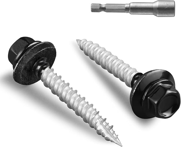 Metal Roofing Screws #10 × 1 1/2 Inch, 64pcs Black Ruspert Coating Hex Head Sheet Metal Roof Screws, Self Starting Metal to Wood Siding Screw, EDPM Rubber Washers