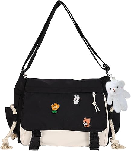 Bonita bolsa de mensajero para adolescentes y mujeres, bolso cruzado Kawaii con alfileres y colgante de relleno de regalo