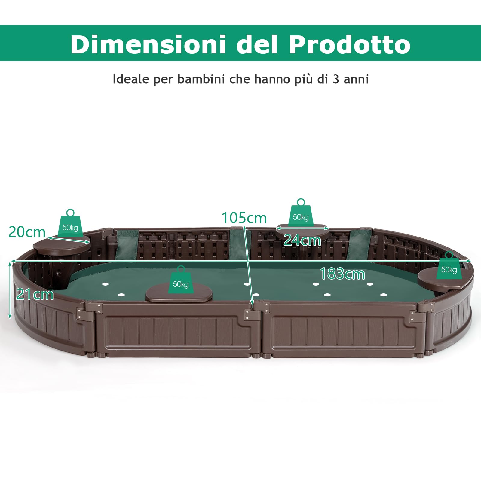 GYMAX Sabbiera per Bambini, Sabbiera con 4 Sedili Staccabili, Sabbiera con Coperchio Impermeabile e Antipolvere, 183 x 105 x 21cm, per Bambini di 3 Anni e più, per Piscina & Giardino, Marrone